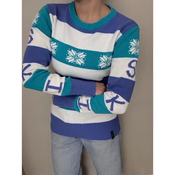 Obermeyer apres ski winter snow crew neck sweater blue teal white stripes - Picture 2 of 6
